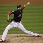 Cleveland Indians relief pitcher Andrew Miller throws during the fifth inning of Game 7 of the Major League Baseball World Series against the Chicago Cubs Wednesday, Nov. 2, 2016, in Cleveland. (AP Photo/Gene J. Puskar)