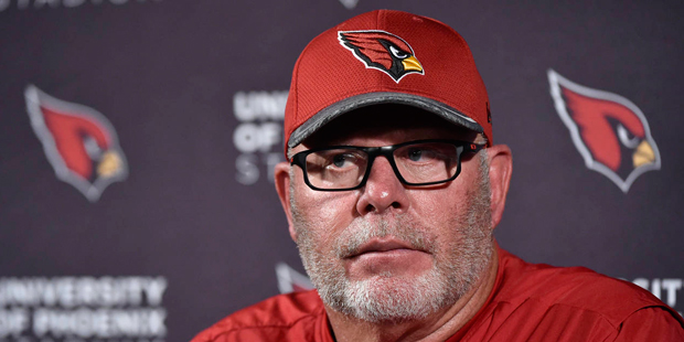 This Aug. 28, 2016 photo shows Arizona Cardinals head coach Bruce Arians answering questions during...