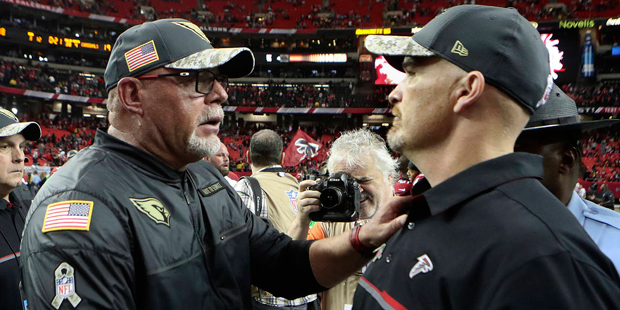 Bruce Arians shakes Atlanta Falcons head coach Dan Quinn's hand after the Arizona Cardinals' 38-19 ...