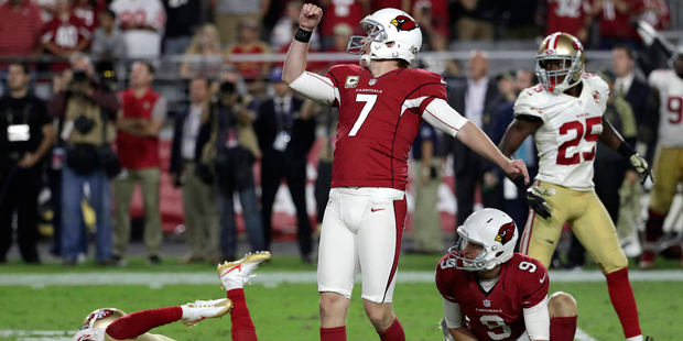 Chandler Catanzaro watches his field goal make in a 23-20 win against the San Francisco 49ers. (Ass...