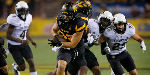Arizona State tight end Kody Kohl (83) carries a recovered fumble for a touchdown against Colorado ...