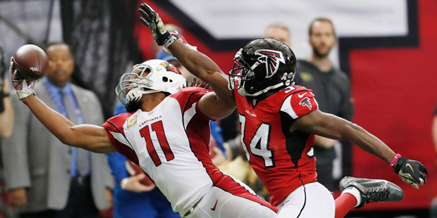 Larry Fitzgerald makes the one-handed catch for the Arizona Cardinals against the Atlanta Falcons o...