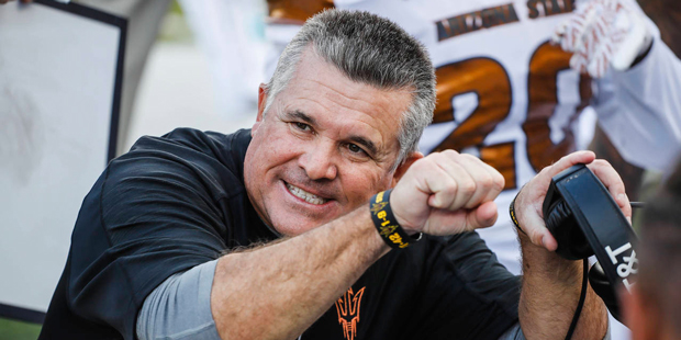 Arizona State head coach Todd Graham coaches on the sidelines against Oregon in an NCAA college foo...