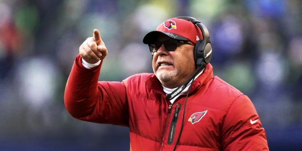 Arizona Cardinals head coach Bruce Arians calls out from sidelines against the Seattle Seahawks in ...