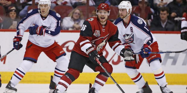 Arizona Coyotes left wing Max Domi (16) pleads his case after being whistled for a penalty against ...