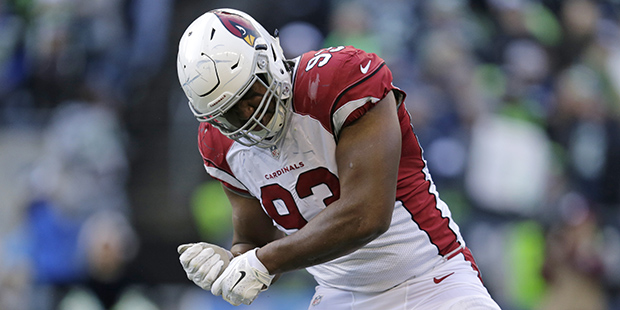 Arizona Cardinals defensive end Calais Campbell reacts after a sack against the Seattle Seahawks in...