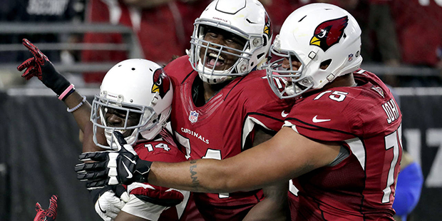 Arizona Cardinals wide receiver J.J. Nelson (14) celebrates his touchdown with tackle Ulrick John (...