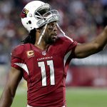 Arizona Cardinals wide receiver Larry Fitzgerald (11) waves during the second half of an NFL football game against the New Orleans Saints , Sunday, Dec. 18, 2016, in Glendale, Ariz. (AP Photo/Rick Scuteri)