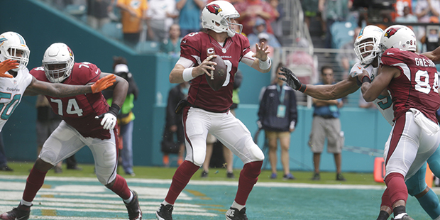 Arizona Cardinals quarterback Carson Palmer (3) looks to pass, during the first half of an NFL foot...