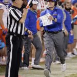 Boise State coach Bryan Harsin yells to an official during the first half of the Cactus Bowl NCAA college football game against Baylor, Tuesday, Dec. 27, 2016, in Phoenix. (AP Photo/Matt York)