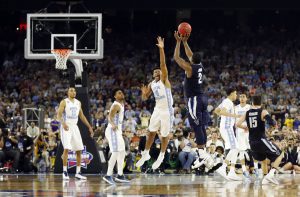  FILE - In this April 4, 2016, file photo, Villanova's Kris Jenkins makes the game-winning 3-point shot during the NCAA Final Four tournament college basketball championship game against North Carolina in Houston. (AP Photo/David J. Phillip, File) 