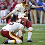 Washington Redskins kicker Dustin Hopkins (3) kicks a field goal as punter Tress Way (5) holds during the first half of an NFL football game against the Arizona Cardinals, Sunday, Dec. 4, 2016, in Glendale, Ariz. (AP Photo/Ross D. Franklin)