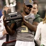 Baylor wide receiver KD Cannon (9) holds the offensive player of the game award after the Cactus Bowl NCAA college football game against Boise State, Wednesday, Dec. 28, 2016, in Phoenix. Baylor won 31-12. (AP Photo/Rick Scuteri)