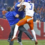 Boise State safety Chanceller James (3) is greeted on the sideline after his interception against Baylor during the first quarter of the Cactus Bowl NCAA college football game Tuesday, Dec. 27, 2016, in Phoenix. (David Kadlubowski/The Arizona Republic via AP)
