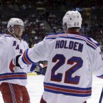 New York Rangers defenseman Nick Holden (22) celebrates with J.T. Miller after scoring a first-period goal against the Arizona Coyotes during an NHL hockey game Thursday, Dec. 29, 2016, in Glendale, Ariz. (AP Photo/Rick Scuteri)