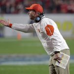 Clemson head coach Dabo Swinney reacts to a call during the second half of the team's Fiesta Bowl NCAA college football playoff semifinal against Ohio State, Saturday, Dec. 31, 2016, in Glendale, Ariz. (AP Photo/Rick Scuteri)