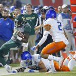 Baylor wide receiver Chris Platt (14) is forced out of bounds by Boise State linebacker Blake Whitlock (36) during the first quarter of the Cactus Bowl NCAA college football game Tuesday, Dec. 27, 2016, in Phoenix. (David Kadlubowski/The Arizona Republic via AP)