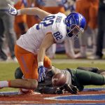 Boise State wide receiver Thomas Sperbeck (82) chases down his fumble after a catch as Boise State  safety Orion Stewart (28) defends during the first half of the Cactus Bowl NCAA college football game, Tuesday, Dec. 27, 2016, in Phoenix. Boise State recovered the football. (AP Photo/Rick Scuteri)