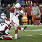 Arizona Cardinals' Chandler Catanzaro (7) connects on a field goal as Matt Wile holds against the Seattle Seahawks to win on the final play of an NFL football game, Saturday, Dec. 24, 2016, in Seattle. (AP Photo/Ted S. Warren)