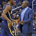Indiana Pacers head coach Nate McMillan, right, shakes hands with guard Rodney Stuckey during the second half of an NBA basketball game against the Phoenix Suns Wednesday, Dec. 7, 2016, in Phoenix. The Pacers defeated the Suns 109-94. (AP Photo/Ross D. Franklin)