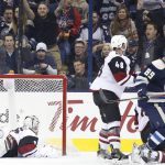 Columbus Blue Jackets players celebrate their goal against the Arizona Coyotes during the third period of an NHL hockey game, Monday, Dec. 5, 2016, in Columbus, Ohio. The Blue Jackets defeated the Coyotes 4-1. (AP Photo/Jay LaPrete)