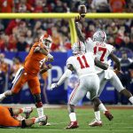 Clemson quarterback Deshaun Watson (4) has his pass deflected by Ohio State linebacker Jerome Baker (17) during the first half of the Fiesta Bowl NCAA college football playoff semifinal, Saturday, Dec. 31, 2016, in Glendale, Ariz. (AP Photo/Ross D. Franklin)
