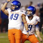 Boise State's Tyler Rausa (49) watches his field goal with Sean Wale (19) during the first half against Baylor in the Cactus Bowl NCAA college football game, Tuesday, Dec. 27, 2016, in Phoenix. (AP Photo/Rick Scuteri)
