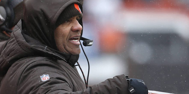 Cleveland Browns head coach Hue Jackson watches the first half of an NFL football game against the ...