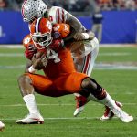 Clemson quarterback Deshaun Watson (4) is sacked by Ohio State linebacker Raekwon McMillan (5) during the second half of the Fiesta Bowl NCAA college football playoff semifinal, Saturday, Dec. 31, 2016, in Glendale, Ariz. (AP Photo/Ross D. Franklin)