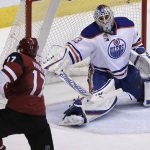 Edmonton Oilers goalie Cam Talbot makes the save on Arizona Coyotes right wing Radim Vrbata (17) in the second period during an NHL hockey game, Wednesday, Dec. 21, 2016, in Glendale, Ariz. (AP Photo/Rick Scuteri)
