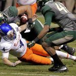 Baylor defensive end Greg Roberts strips the ball away from Boise State quarterback Brett Rypien (4) for a fumble during the second half of the Cactus Bowl NCAA college football game, Tuesday, Dec. 27, 2016, in Phoenix. Baylor recovered the ball. (AP Photo/Matt York)