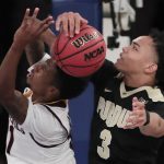 Purdue guard Carsen Edwards (3) blocks a shot attempt by Arizona State guard Shannon Evans II (11) in the second half of an NCAA college basketball game, Tuesday, Dec. 6, 2016, in New York. Purdue won 97-64. (AP Photo/Julie Jacobson)