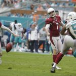 Arizona Cardinals kicker Chandler Catanzaro (7) watches as the ball bounces back after the extra point was blocked by Miami Dolphins defensive tackle Jordan Phillips, during the second half of an NFL football game, Sunday, Dec. 11, 2016, in Miami Gardens, Fla. To the left is Arizona Cardinals punter Drew Butler (2). (AP Photo/Lynne Sladky)