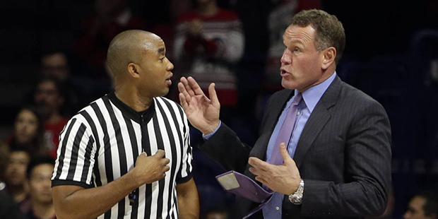 Grand Canyon head coach Dan Majerle talks to an NCAA official during the second half of an NCAA col...