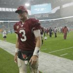 Arizona Cardinals quarterback Carson Palmer (3) leaves the field at the end of an NFL football game against the Miami Dolphins, Sunday, Dec. 11, 2016, in Miami Gardens, Fla. The Dolphins defeated the Cardinals 26-23. (AP Photo/Lynne Sladky)