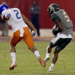 Baylor wide receiver KD Cannon (9) pulls in a touchdown pass as Boise State cornerback Jonathan Moxey (2) defends during the first half of the Cactus Bowl NCAA college football game, Tuesday, Dec. 27, 2016, in Phoenix. (AP Photo/Rick Scuteri)