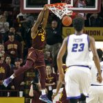 Arizona State forward Obinna Oleka (5) dunks the ball as Creighton's Justin Patton (23) watches during the first half of an NCAA college basketball game, Tuesday, Dec. 20, 2016, in Tempe, Ariz. (AP Photo/Ralph Freso)