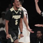 Purdue forward Basil Smotherman (5) reacts after scoring against Arizona State in the first half of an NCAA college basketball game, Tuesday, Dec. 6, 2016, in New York. (AP Photo/Julie Jacobson)