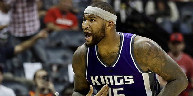 Sacramento Kings' DeMarcus Cousins reacts to an official's call in the fourth quarter of an NBA bas...