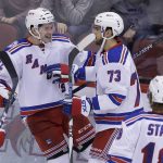 New York Rangers left wing Matt Puempel (12) celebrates with Brandon Pirri (73) after scoring his third goal of the night against the Arizona Coyotes, during the third period during an NHL hockey game, Thursday, Dec. 29, 2016, in Glendale, Ariz. (AP Photo/Rick Scuteri)