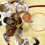 Arizona State forward Obinna Oleka (5) battles for a rebound against Creighton players, including Maurice Watson Jr., bottom, during the second half of an NCAA college basketball game in Tempe, Ariz., Tuesday, Dec. 20, 2016. (Michael Chow/The Arizona Republic via AP)