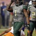 Baylor linebacker Taylor Young (1) celebrates a defensive stop against Boise State during the first half of the Cactus Bowl NCAA college football game, Tuesday, Dec. 27, 2016, in Phoenix. (AP Photo/Rick Scuteri)