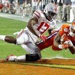 Clemson running back C.J. Fuller (27) makes a touchdown catch as Ohio State cornerback C.J. Saunders (17) defends during the first half of the Fiesta Bowl NCAA college football playoff semifinal, Saturday, Dec. 31, 2016, in Glendale, Ariz. (AP Photo/Ross D. Franklin)