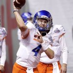 Boise State quarterback Brett Rypien (4) warms up for the team's Cactus Bowl NCAA college football game against Baylor, Tuesday, Dec. 27, 2016, in Phoenix. (AP Photo/Matt York)