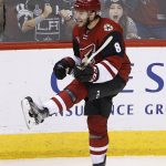 Arizona Coyotes right wing Tobias Rieder celebrates his goal against the Los Angeles Kings during the third period of an NHL hockey game Thursday, Dec. 1, 2016, in Glendale, Ariz. The Kings defeated the Coyotes 4-3. (AP Photo/Ross D. Franklin)