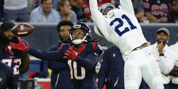 Indianapolis Colts cornerback Vontae Davis (21) defends on a pass intended for Houston Texans wide ...