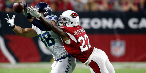 Seattle Seahawks tight end Jimmy Graham (88) has his pass knocked away by Arizona Cardinals strong ...