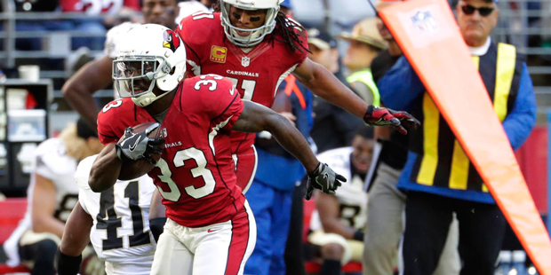 Arizona Cardinals running back Kerwynn Williams (33) loses his shoe as he runs in a direct snap for...