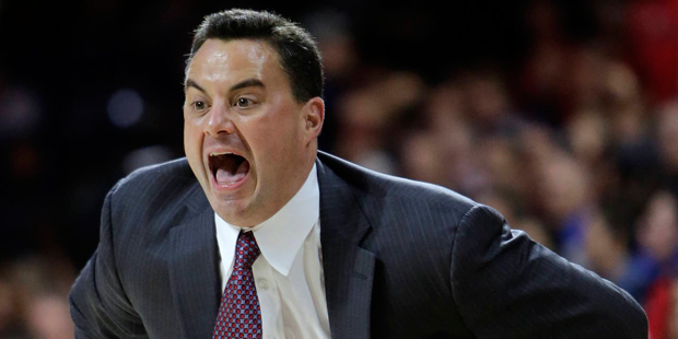 Arizona  head coach Sean Miller yells to his team during the first half of an NCAA college basketba...