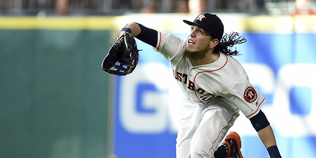 Houston Astros left fielder Colby Rasmus catches the fly ball of Cleveland Indians' Jose Ramirez in...